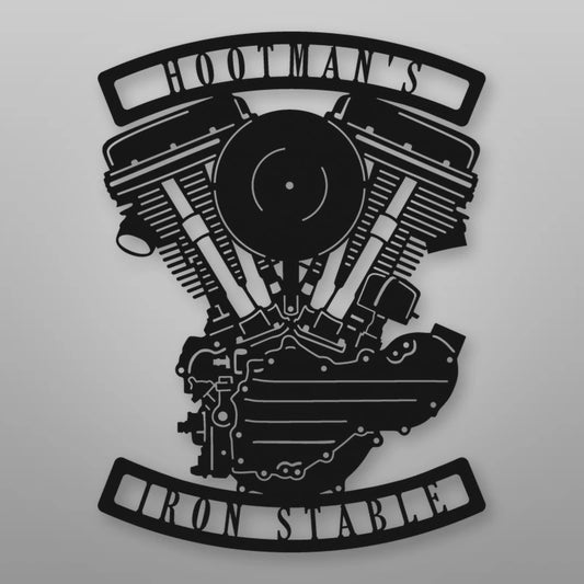 Personalized Panhead Engine Metal Garage Sign shown in Matte Black powder coat finish.