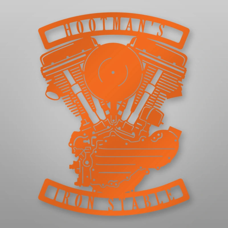 Personalized Panhead Engine Metal Garage Sign shown in Orange powder coat finish.