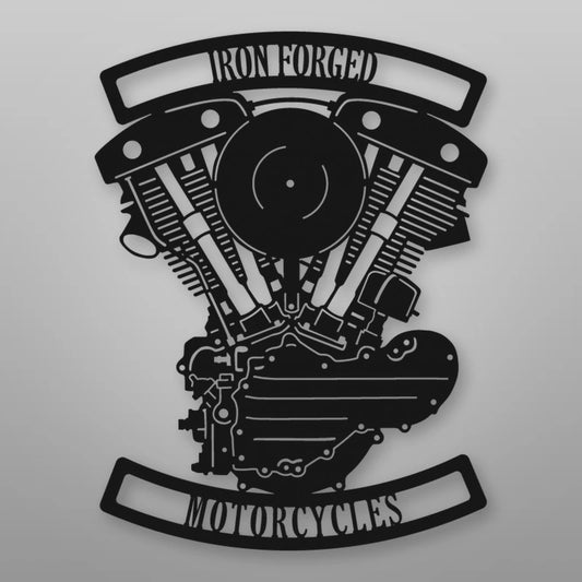 Personalized Generator Shovelhead Engine Metal Garage Sign shown in Matte Black powder coat finish.