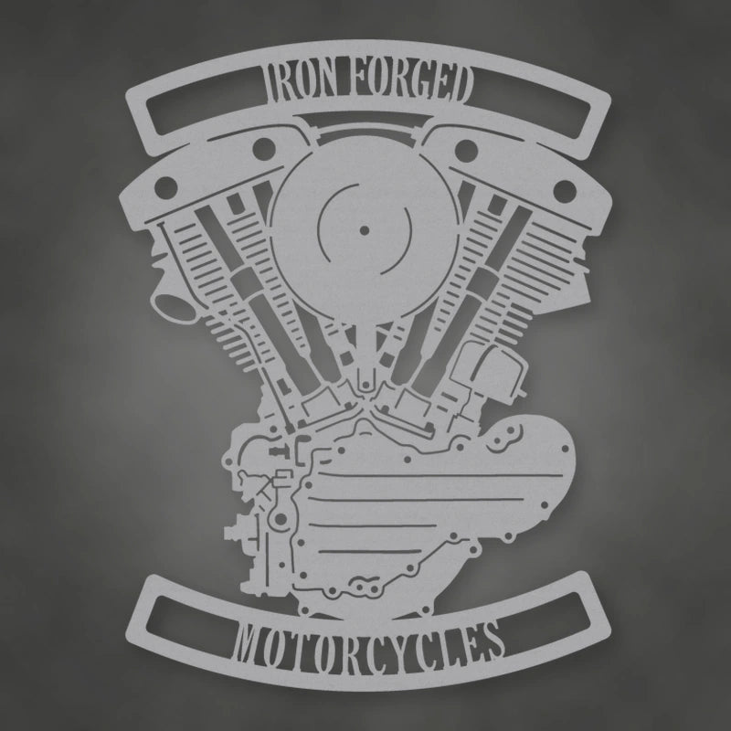 Personalized Generator Shovelhead Engine Metal Garage Sign shown in Metallic Silver powder coat finish.