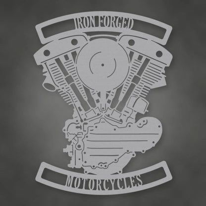 Personalized Generator Shovelhead Engine Metal Garage Sign shown in Metallic Silver powder coat finish.