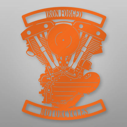 Personalized Generator Shovelhead Engine Metal Garage Sign shown in Orange powder coat finish.