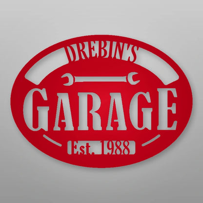 Personalized Garage With Established Date Metal Sign shown in Gloss Red powder coat finish.