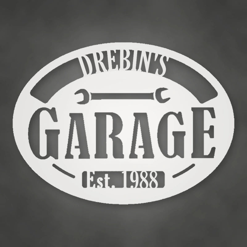 Personalized Garage With Established Date Metal Sign shown in Gloss White powder coat finish.