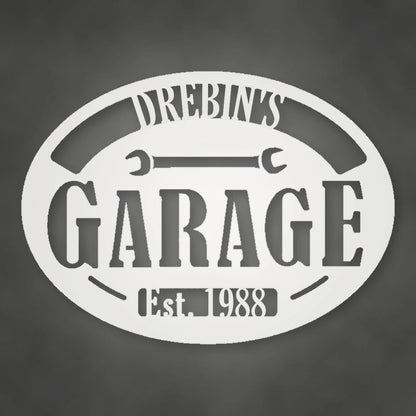 Personalized Garage With Established Date Metal Sign shown in Gloss White powder coat finish.