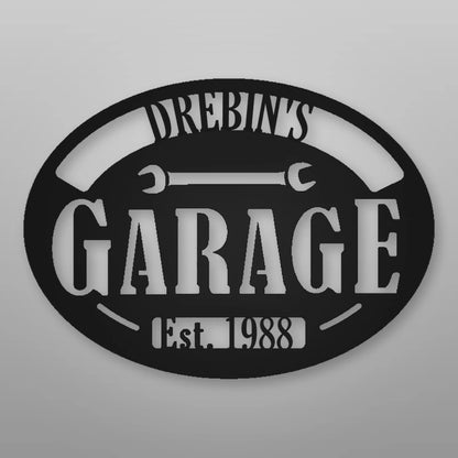 Personalized Garage With Established Date Metal Sign shown in Matte Black powder coat finish.