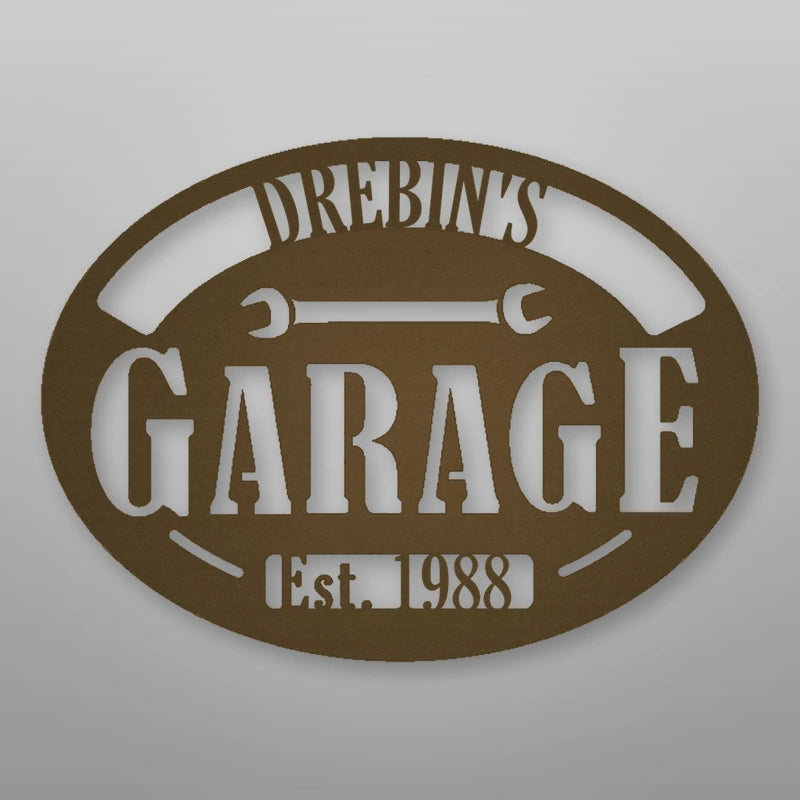 Personalized Garage With Established Date Metal Sign shown in Metallic Bronze powder coat finish.