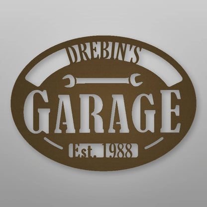 Personalized Garage With Established Date Metal Sign shown in Metallic Bronze powder coat finish.