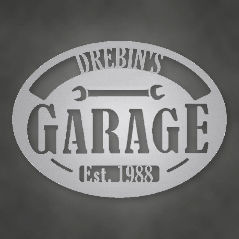 Personalized Garage With Established Date Metal Sign shown in Metallic Silver powder coat finish.