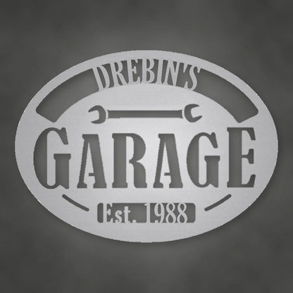 Personalized Garage With Established Date Metal Sign shown in Metallic Silver powder coat finish.