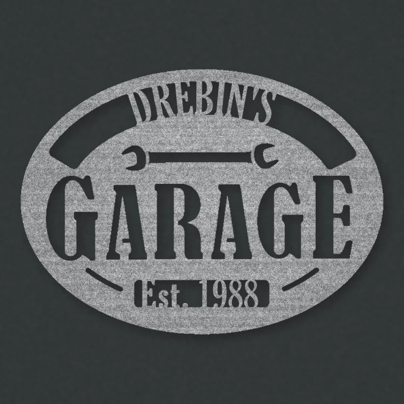 Personalized Garage With Established Date Metal Sign Raw Steel / Rust animated finish preview Shopify Ready.
