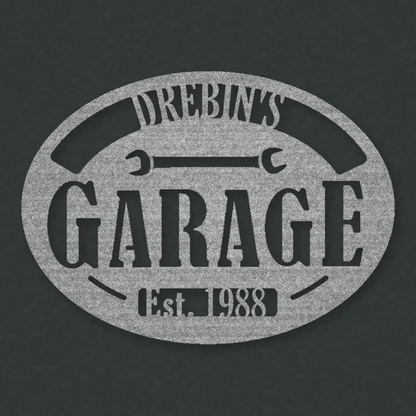 Personalized Garage With Established Date Metal Sign Raw Steel / Rust animated finish preview Shopify Ready.