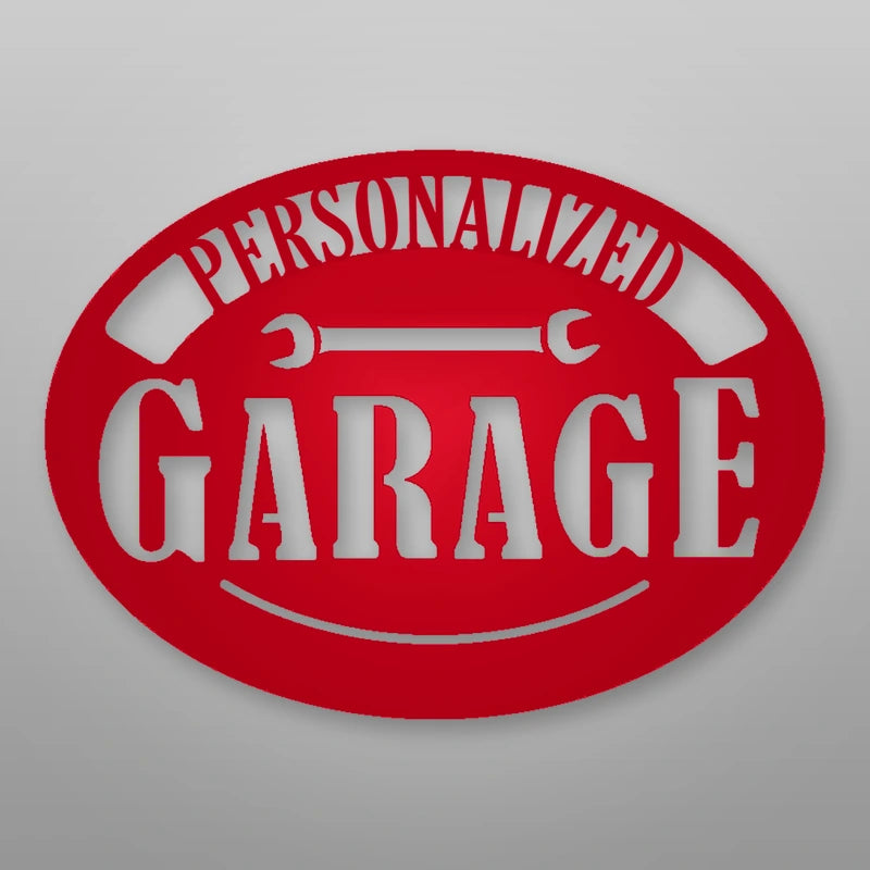 Personalized Pop's Garage Metal Sign shown in Gloss Red powder coat finish.