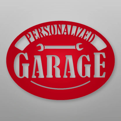 Personalized Pop's Garage Metal Sign shown in Gloss Red powder coat finish.