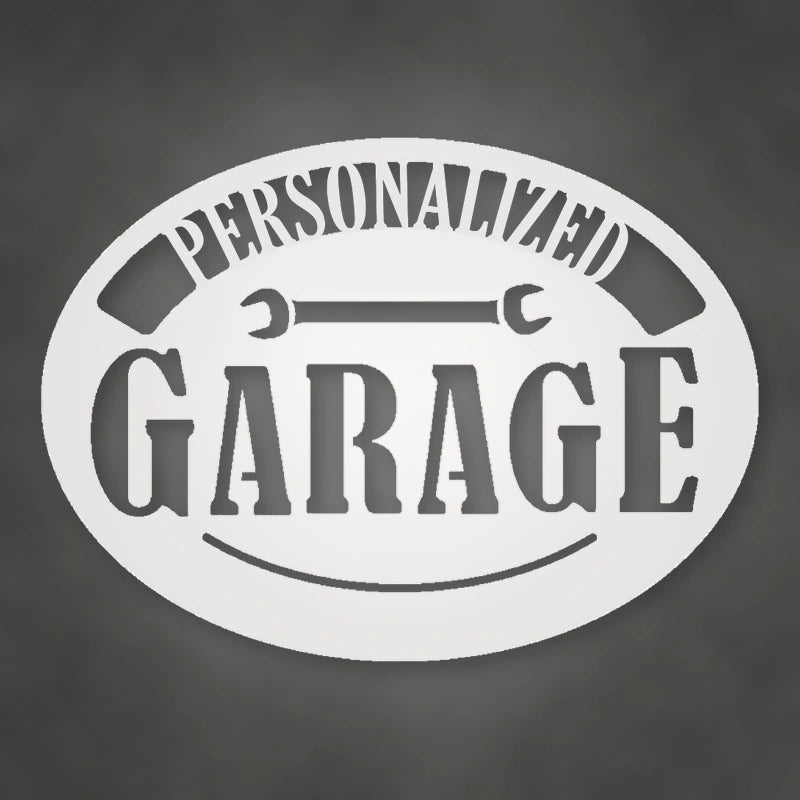 Personalized Pop's Garage Metal Sign shown in Gloss White powder coat finish.