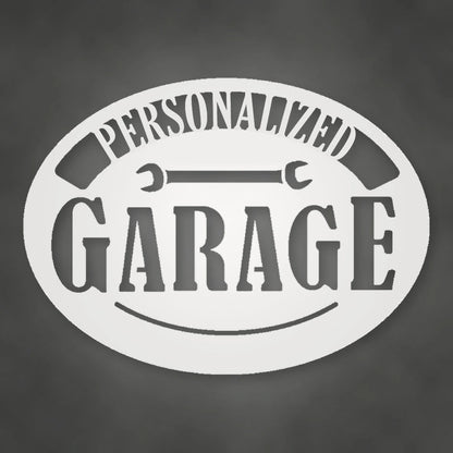 Personalized Pop's Garage Metal Sign shown in Gloss White powder coat finish.