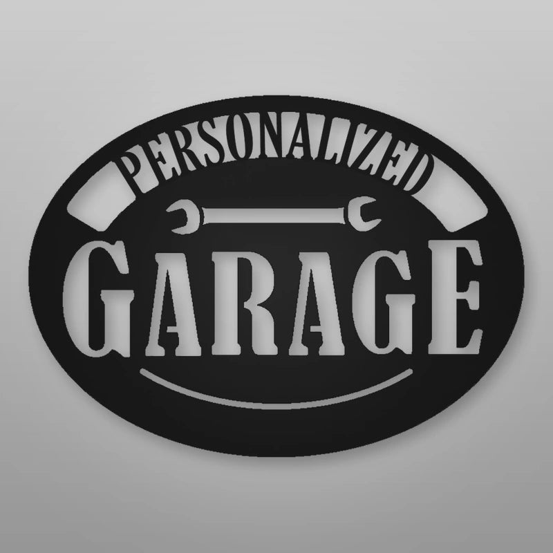 Personalized Pop's Garage Metal Sign shown in Matte Black powder coat finish.