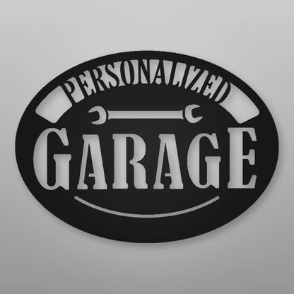 Personalized Pop's Garage Metal Sign shown in Matte Black powder coat finish.