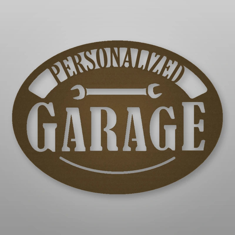 Personalized Pop's Garage Metal Sign shown in Metallic Bronze powder coat finish.
