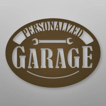 Personalized Pop's Garage Metal Sign shown in Metallic Bronze powder coat finish.
