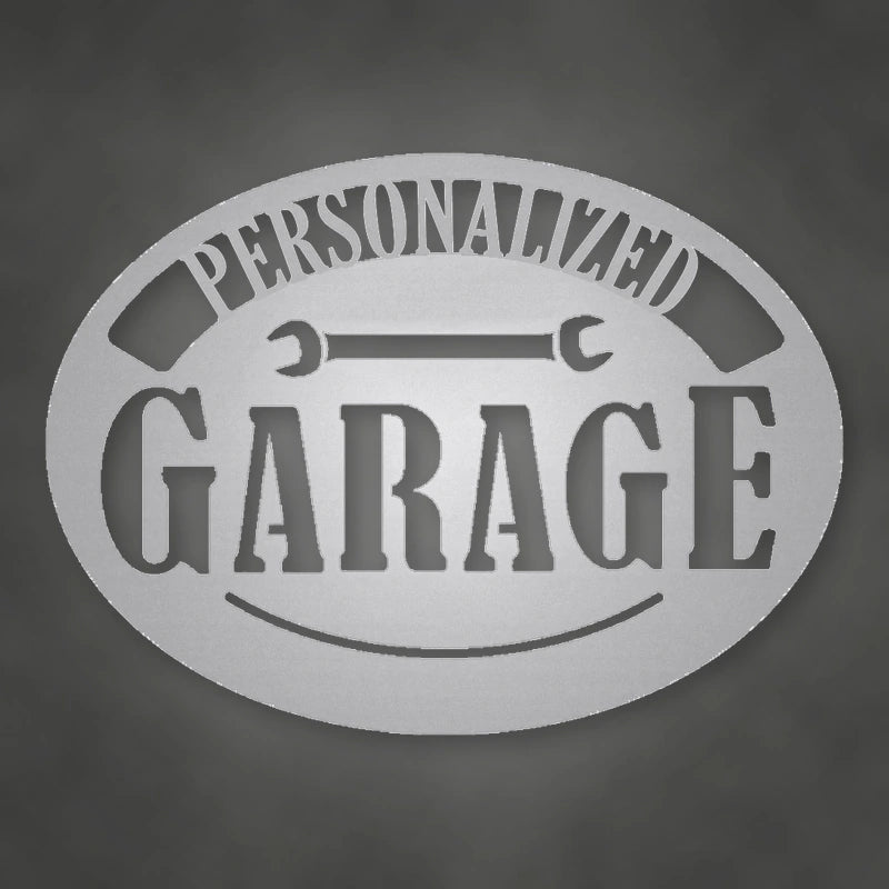 Personalized Pop's Garage Metal Sign shown in Metallic Silver powder coat finish.