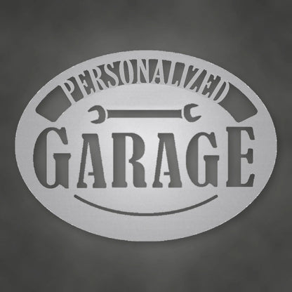 Personalized Pop's Garage Metal Sign shown in Metallic Silver powder coat finish.