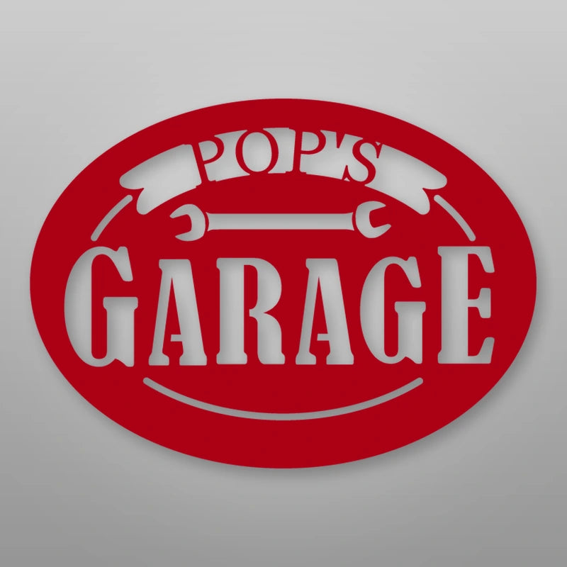 Pop's Garage Metal Sign shown in Gloss Red powder coat finish.