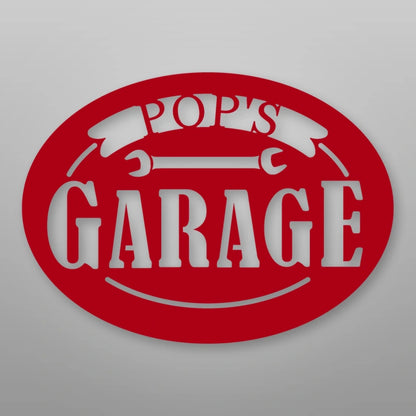 Pop's Garage Metal Sign shown in Gloss Red powder coat finish.
