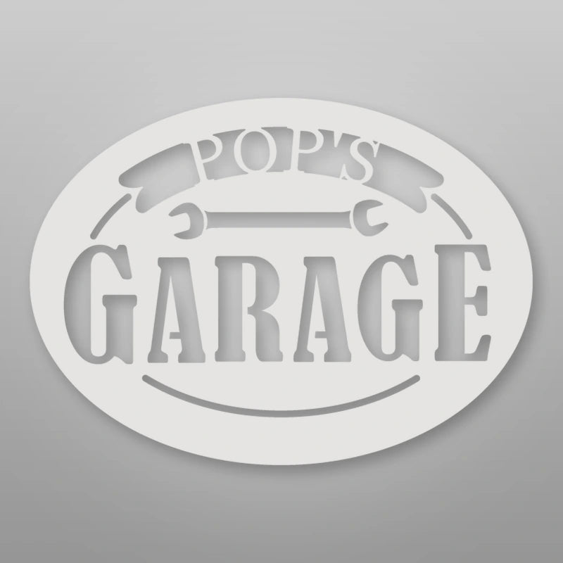 Pop's Garage Metal Sign shown in Gloss White powder coat finish.