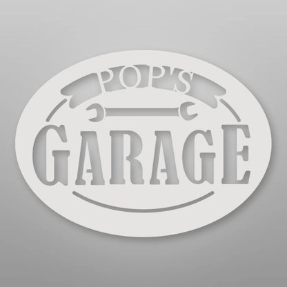 Pop's Garage Metal Sign shown in Gloss White powder coat finish.