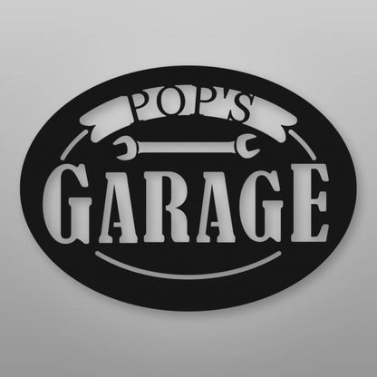 Pop's Garage Metal Sign shown in Matte Black powder coat finish.