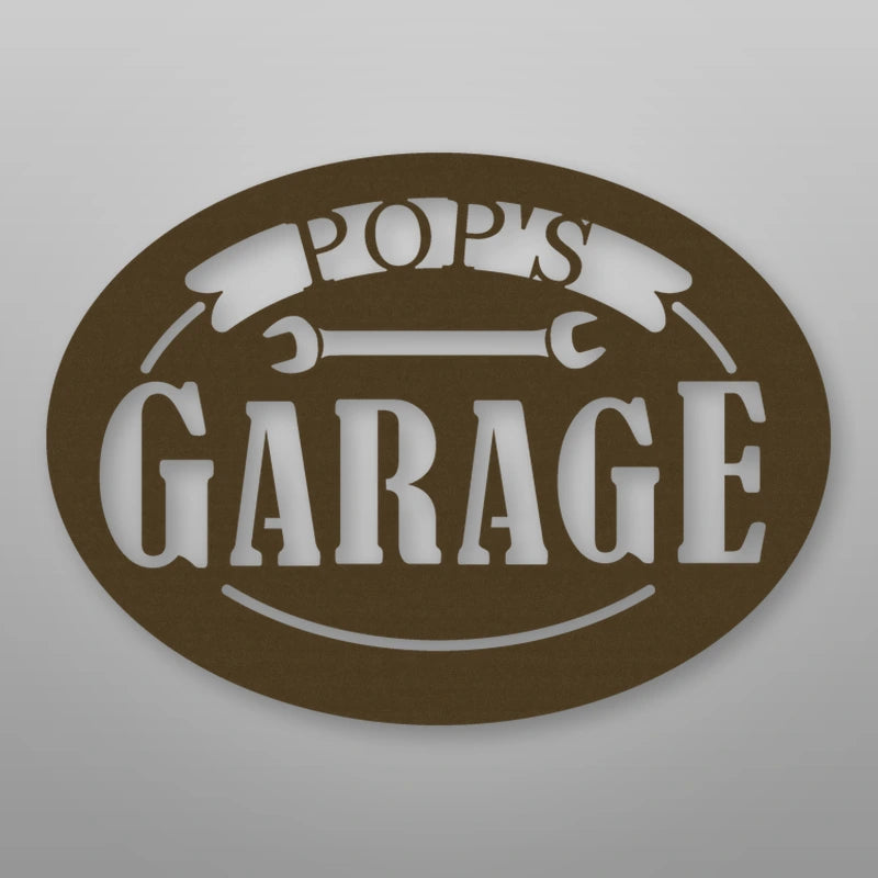 Pop's Garage Metal Sign shown in Metallic Bronze powder coat finish.