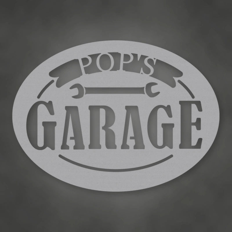 Pop's Garage Metal Sign shown in Metallic Silver powder coat finish.