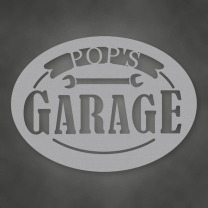 Pop's Garage Metal Sign shown in Metallic Silver powder coat finish.