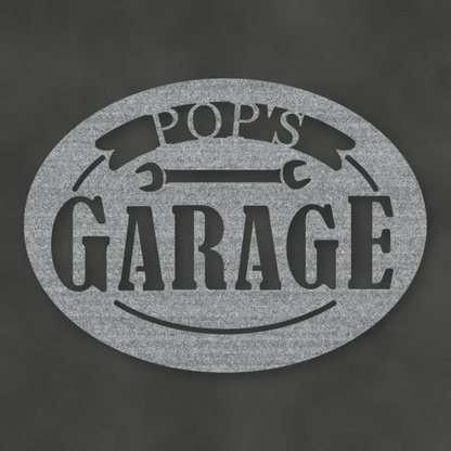 Pop's Garage Metal Sign Raw Steel / Rust animated finish preview Shopify Ready.