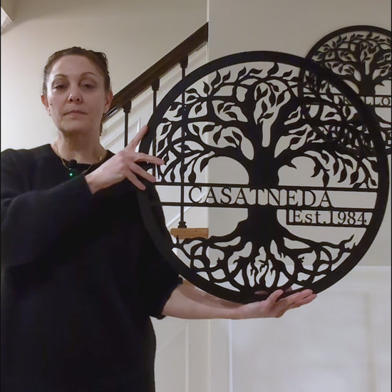Personalized Tree of Life metal wall art with custom family name and established date, handcrafted from high-quality steel by Nightingale Metal Design.