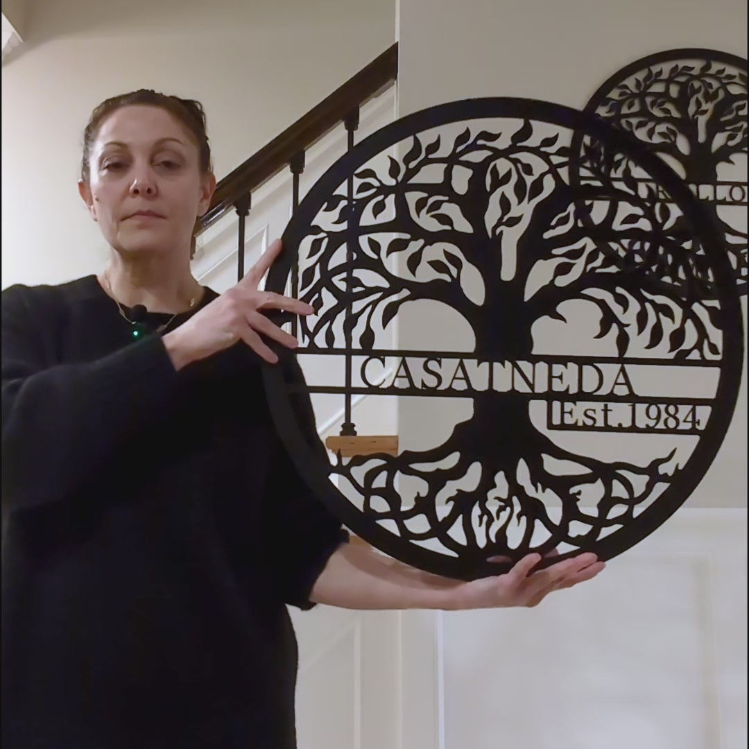 Personalized Tree of Life metal wall art with custom family name and established date, handcrafted from high-quality steel by Nightingale Metal Design.