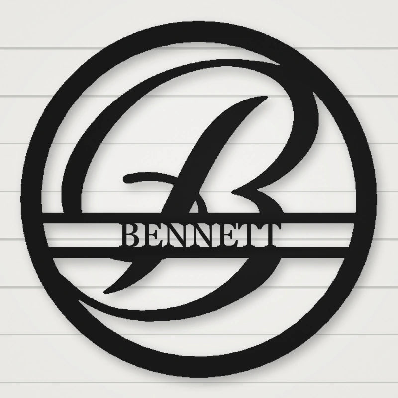 Round Personalized Family Name With Scroll Initial Metal Sign shown in Matte Black powder coat finish.