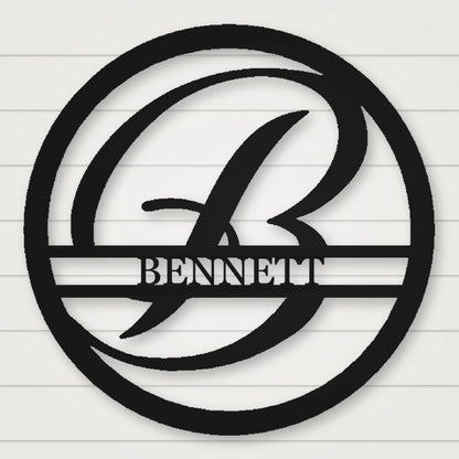 Round Personalized Family Name With Scroll Initial Metal Sign shown in Matte Black powder coat finish.