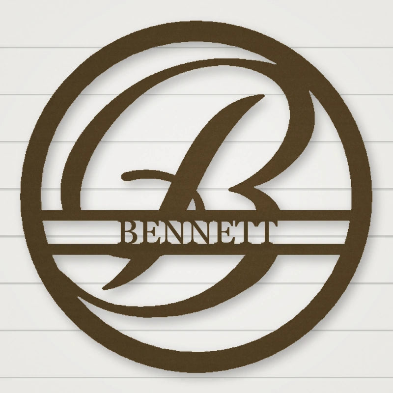 Round Personalized Family Name With Scroll Initial Metal Sign shown in Metallic Bronze powder coat finish.