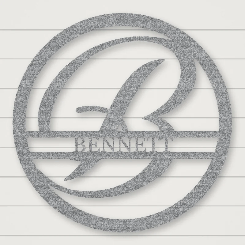 Round Personalized Family Name With Scroll Initial Metal Sign Raw Steel / Rust animated finish preview Shopify Ready.