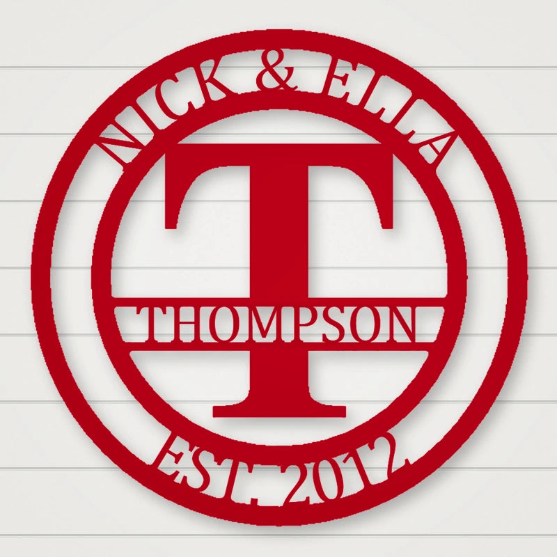 Round Monogram With Top Personalization And Est Date shown in Gloss Red powder coat finish.