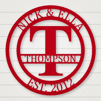 Round Monogram With Top Personalization And Est Date shown in Gloss Red powder coat finish.