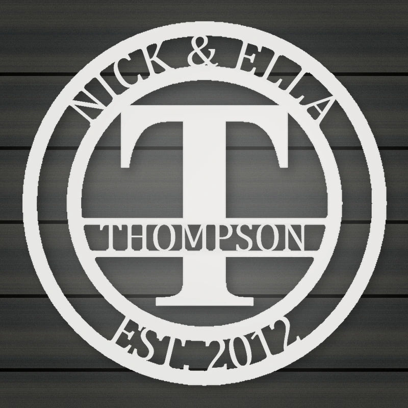 Round Monogram With Top Personalization And Est Date shown in Gloss White powder coat finish.