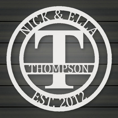 Round Monogram With Top Personalization And Est Date shown in Gloss White powder coat finish.