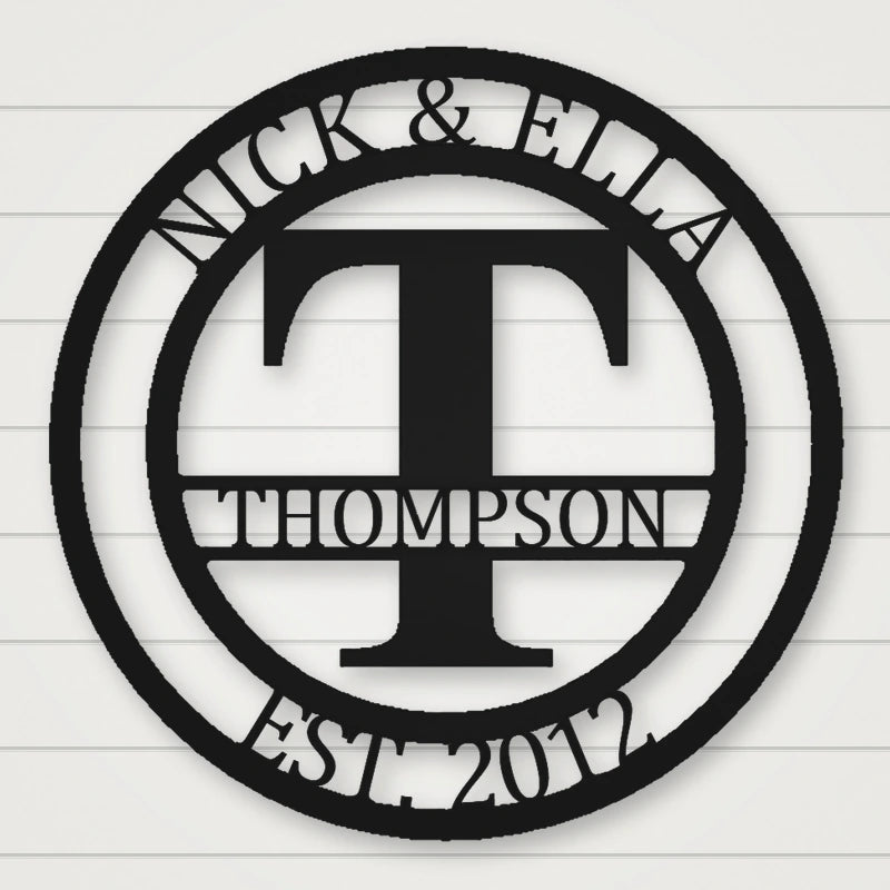 Round Monogram With Top Personalization And Est Date shown in Matte Black powder coat finish.