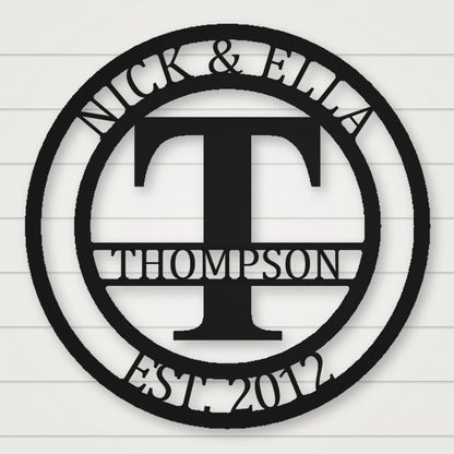 Round Monogram With Top Personalization And Est Date shown in Matte Black powder coat finish.