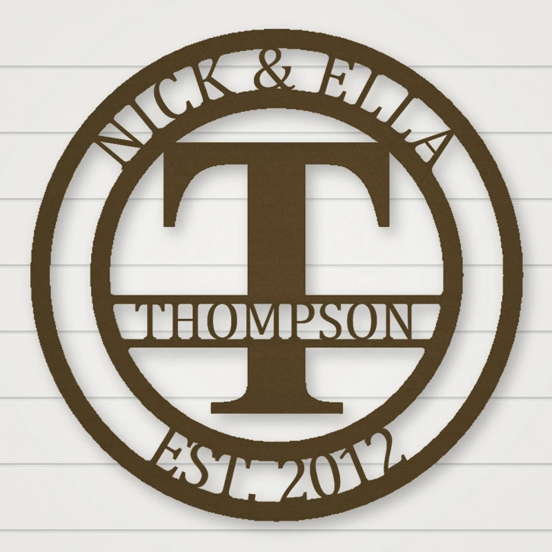 Round Monogram With Top Personalization And Est Date shown in Metallic Bronze powder coat finish.