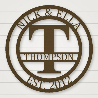Round Monogram With Top Personalization And Est Date shown in Metallic Bronze powder coat finish.