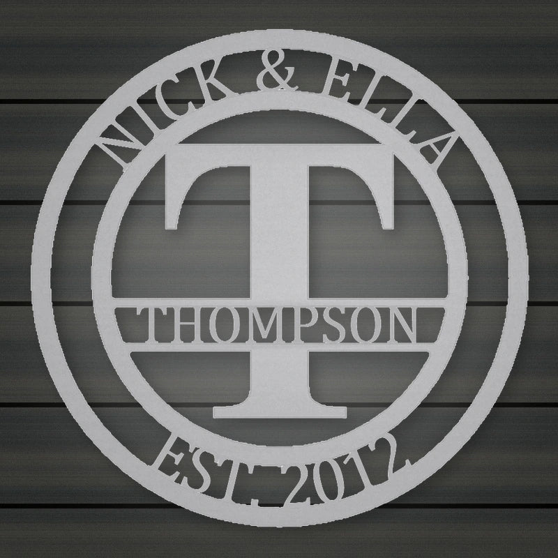 Round Monogram With Top Personalization And Est Date shown in Metallic Silver powder coat finish.
